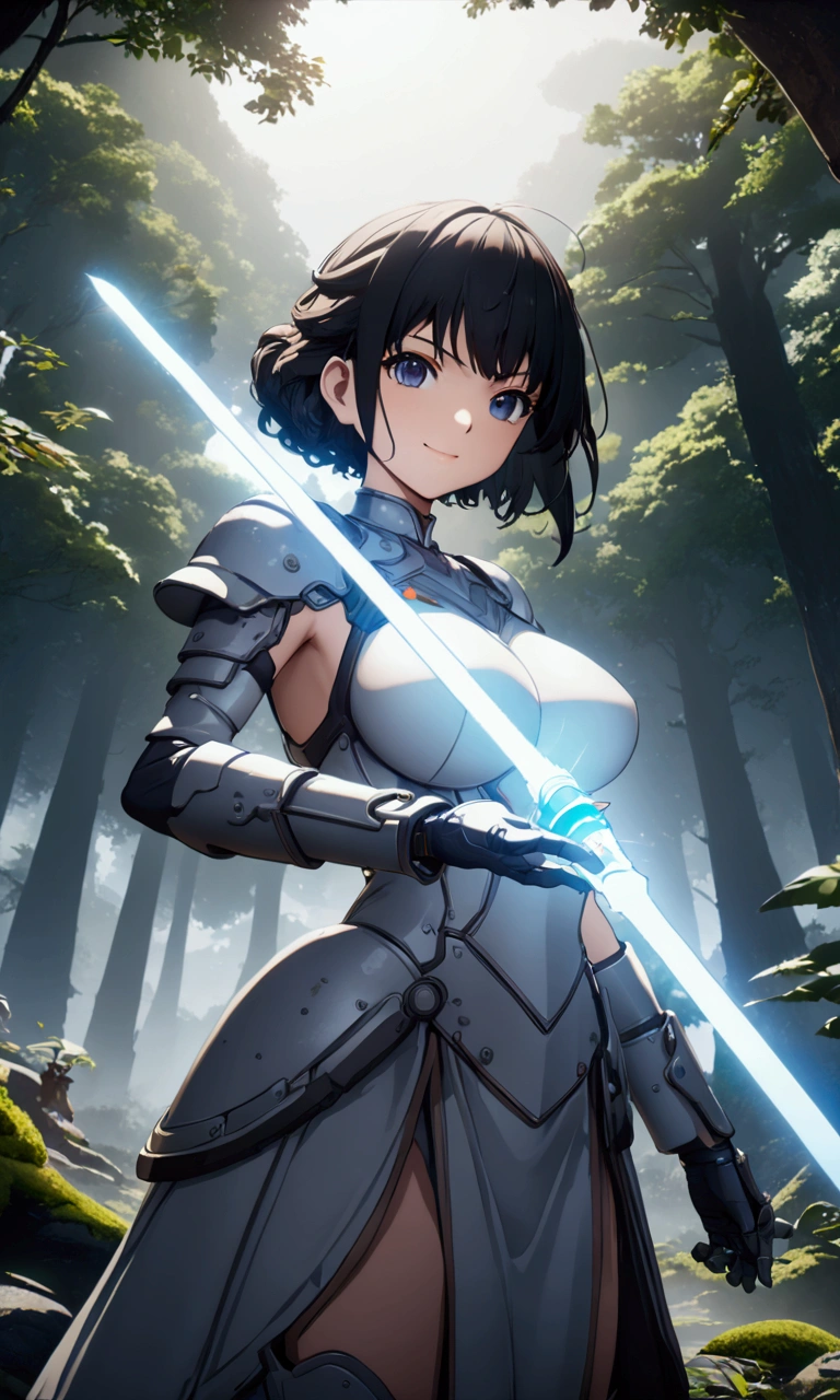 ((Highest quality、masterpiece、best quality,unreal engine,unity 8k wallpaper,anime style,animation style、High resolution、8k、detailed、ultra-detailed,upper body:1.3)),smile, adult woman,(((((Holds an energy sword in his right hand,battle dress,battle monster、The background is a forest area from another world.:1.2))))),Dynamic pose,Dynamic Angle,A dynamic scene,Big Breasts