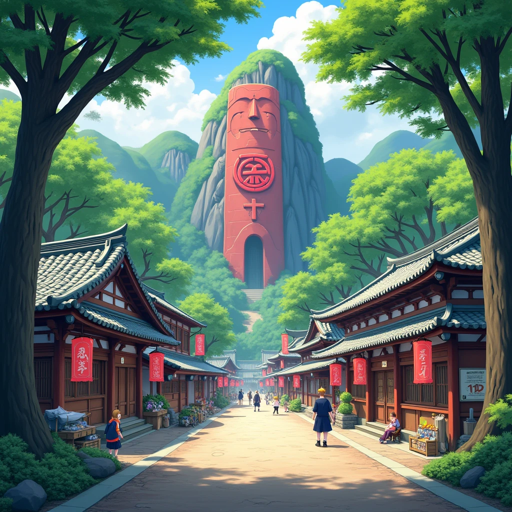 A vibrant, bustling village nestled within a dense forest, with tall, ancient trees surrounding the area. Traditional Japanese-style buildings with tiled roofs and wooden structures line the streets. The village is filled with life—children playing, vendors selling their goods, and villagers going about their daily activities. The iconic red Hokage monument, with large stone faces of past leaders, looms in the background, carved into the side of a mountain. Cherry blossoms and green foliage add color to the scene, while the village's iconic symbol is subtly integrated into banners and signs throughout the village. The atmosphere is peaceful, with the soft sunlight filtering through the trees, casting a warm glow over the entire village.