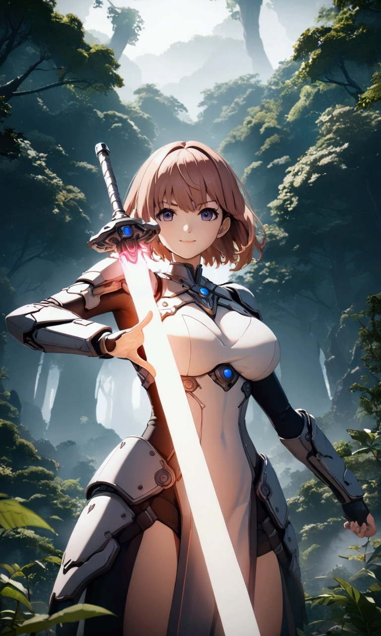 ((Highest quality、masterpiece、best quality,unreal engine,unity 8k wallpaper,anime style,animation style、High resolution、8k、detailed、ultra-detailed,upper body:1.3)),smile, adult woman,(((((Holds an energy sword in his right hand,battle dress,battle monster、The background is a forest area from another world.:1.2))))),Dynamic pose,Dynamic Angle,A dynamic scene,Big Breasts