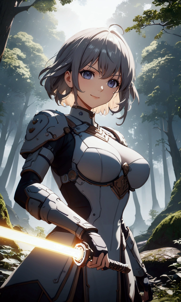 (anime style),masterpiece, best quality, extremely detailed,18Years old,tanned skin,dark skin, Beautiful body,rarge breasts press,BREAK,multicolored colorful white hair,shaggy hair,very short hair,BREAK,black eyes,black choker,dignified face,disgust,angry face,open mouth,detailed lips,,BREAK,with vertical stripes sweater,ripped Princess knight light armor,break,head tilt,in the woods,hands on legs,wariza,ivy clinging to the body,