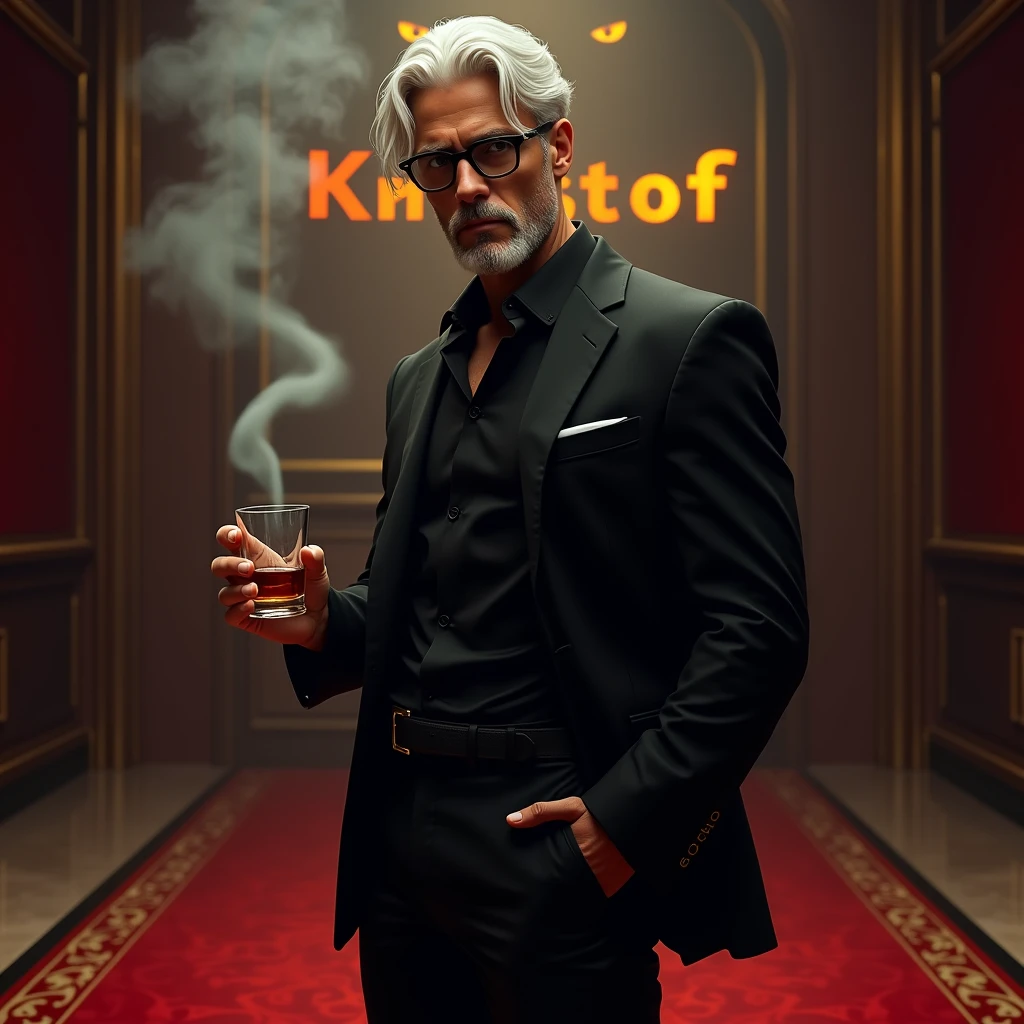 Create a realistic image where a young man with mid long white coloured hair and beard but he's actually young and wearing black luxury suit and a ni black spectacles and standing on luxury floor with red carpet, he's holding a whiskey glass in his hand and second hand in his pants pocket, there is smoke in background a shadow of cat and cat's eyes is glowing in yellow colour. In background the name "Kristoff" is showing in bold effect .