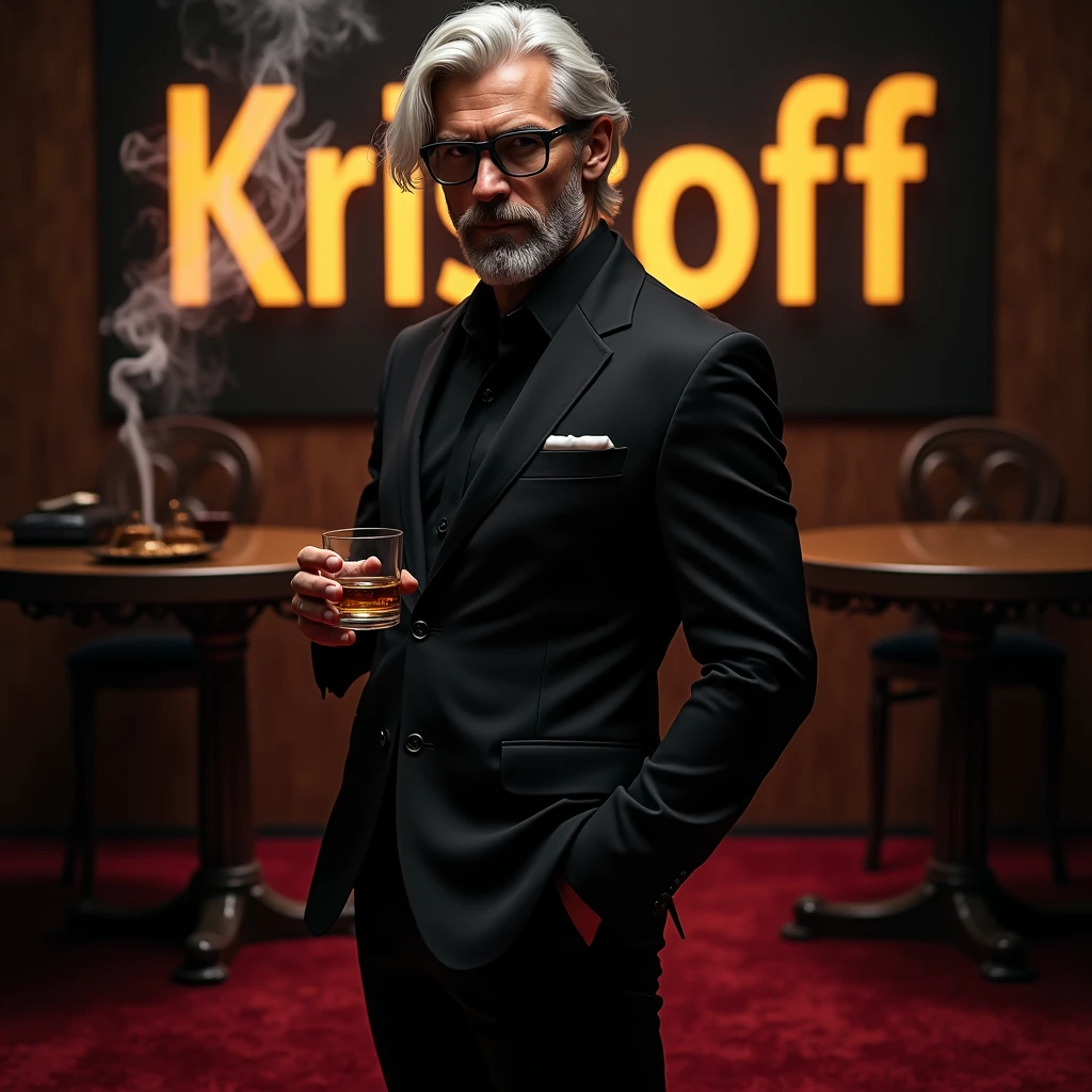 Create a realistic image where a young man with mid long white coloured hair and beard but he's actually young and wearing black luxury suit and a ni black spectacles and standing on luxury floor with red carpet, he's holding a whiskey glass in his hand and second hand in his pants pocket, there is smoke in background a shadow of cat and cat's eyes is glowing in yellow colour. In background the name "Kristoff" is showing in bold effect .