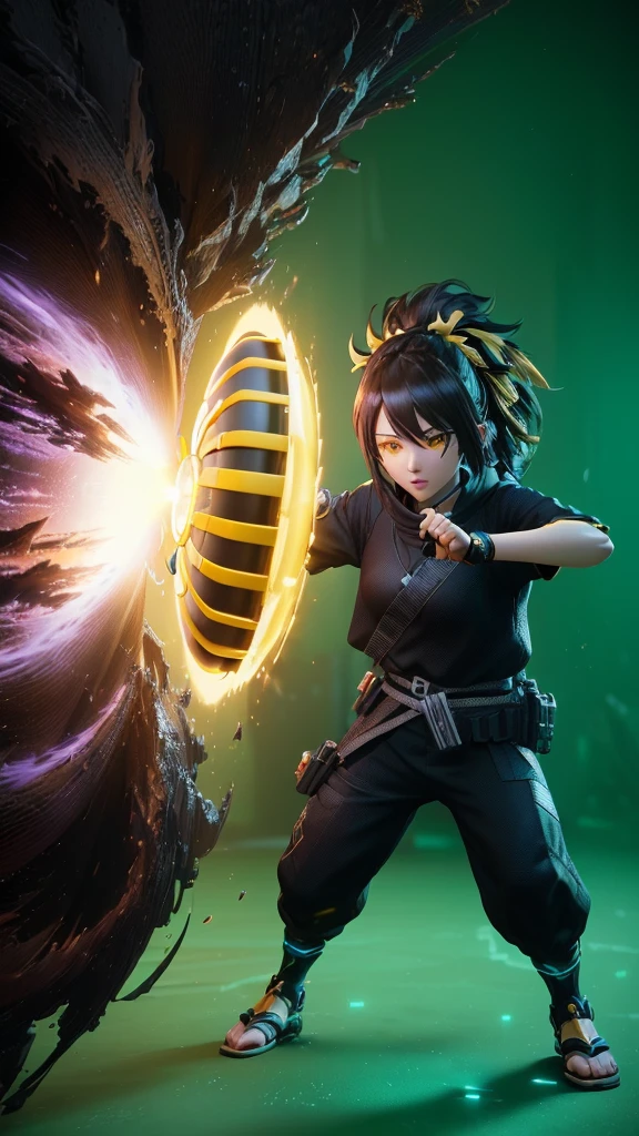 Holding a yellow ring and a black and yellow object in his hand、Anime characters, (Octane Rendering) Fantasy Style, Anime-style 3D, Fantasy Style 8 k Octane Rendering, Anime Bullet VFX, Rendered in Unreal Engine, fighting game character, small character. Unreal Engine 5, Video Game Rendering, 3d rendering character art 8k, Unreal Engine 5