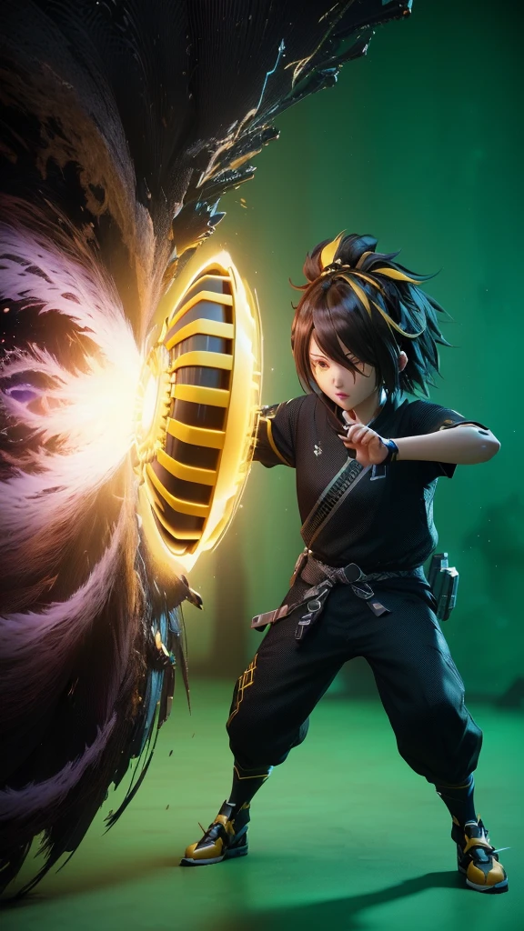 Holding a yellow ring and a black and yellow object in his hand、Anime characters, (Octane Rendering) Fantasy Style, Anime-style 3D, Fantasy Style 8 k Octane Rendering, Anime Bullet VFX, Rendered in Unreal Engine, fighting game character, small character. Unreal Engine 5, Video Game Rendering, 3d rendering character art 8k, Unreal Engine 5