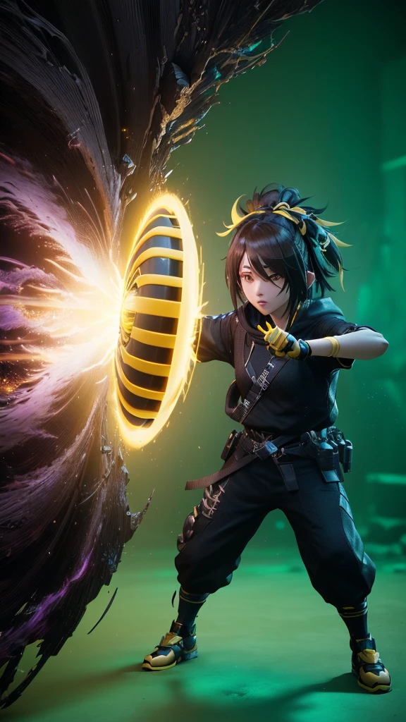 Holding a yellow ring and a black and yellow object in his hand、Anime characters, (Octane Rendering) Fantasy Style, Anime-style 3D, Fantasy Style 8 k Octane Rendering, Anime Bullet VFX, Rendered in Unreal Engine, fighting game character, small character. Unreal Engine 5, Video Game Rendering, 3d rendering character art 8k, Unreal Engine 5