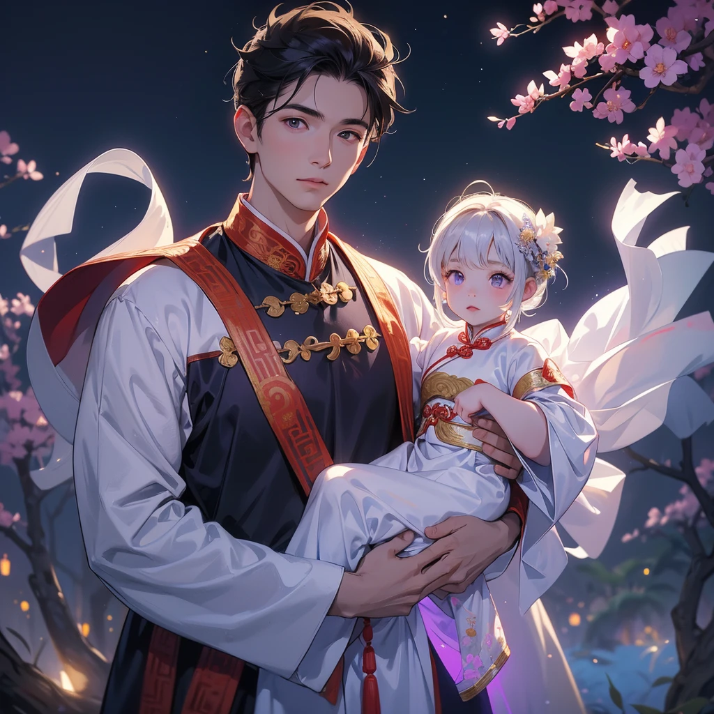 A one-year-old baby boy in an white ancient Chinese baby costume with his beautiful mother, dressed in an ancient Chinese costume, There are some floating clouds, playing with each other, with his handsome father standing next to his mother, close up.
Background is a dark moonless night, with dry trees in the background, and purple glowing light
