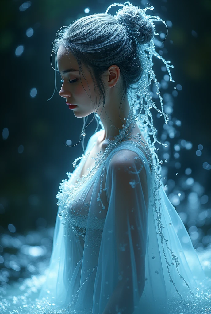 ((Highest quality)), ((masterpiece)), (detailed), A water spirit based on a Japanese woman, Cover your body in water, Wear water, Dressing Water, Wear water,Hair is made of running water、Personification of the water spirit, 浮遊感を出しFantasyに, Clothes are made of running water, Make your body semi-transparent, Overall, it is transparent and mysterious., Fluid hair, Hair is made of water,Fantasy, Pale, delicately, Hair is made of water,Overall, the image of flowing water is emphasized., Clothes are made of water, Hide your chest, Background water, Background, Dark Background