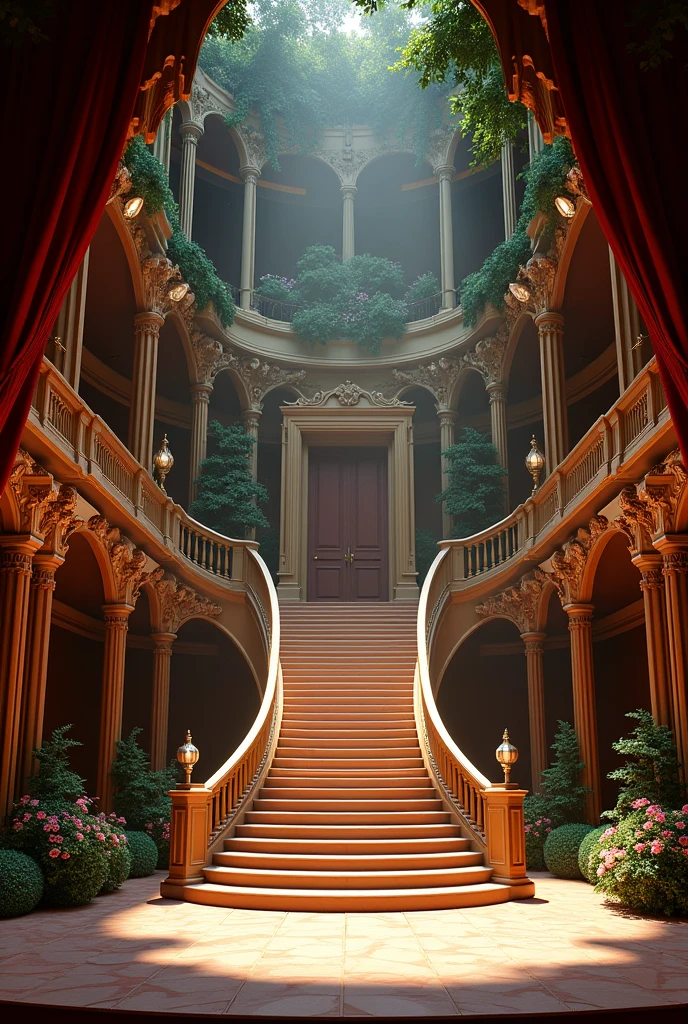 You need to design and develop a 3D model for the stage set for the play. The setting is the grand, luxurious palace of the Beast. The stage is approximately 10m wide and 9m deep, with a backdrop height of around 5m. The design should include a grand, ornate staircase that spreads out from a balcony and descends gracefully toward the stage. At the top of the staircase is an impressive closed door. The palace interior should feature rich textures, including plush furnishings, elegant drapes, and sparkling chandeliers. Beyond the staircase, the stage Should open up to a beautifully manicured garden with lush greenery and flowers, creating a magical transition from the opulent palace interior to the enchanting outdoors.