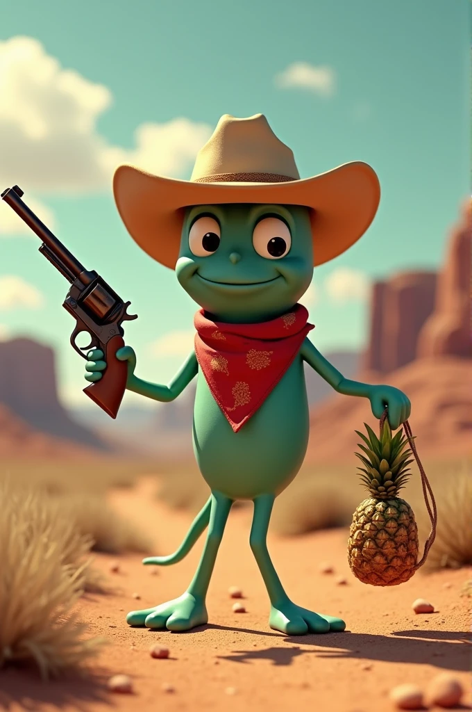 Create an animated sperm with an old west look. Wearing a cowboy hat and a red bandana around his neck. In his hand he carries an old pistol sheathed in a condom and a hanging bag with a pineapple sticking out.. The setting is the typical desert of the old west.