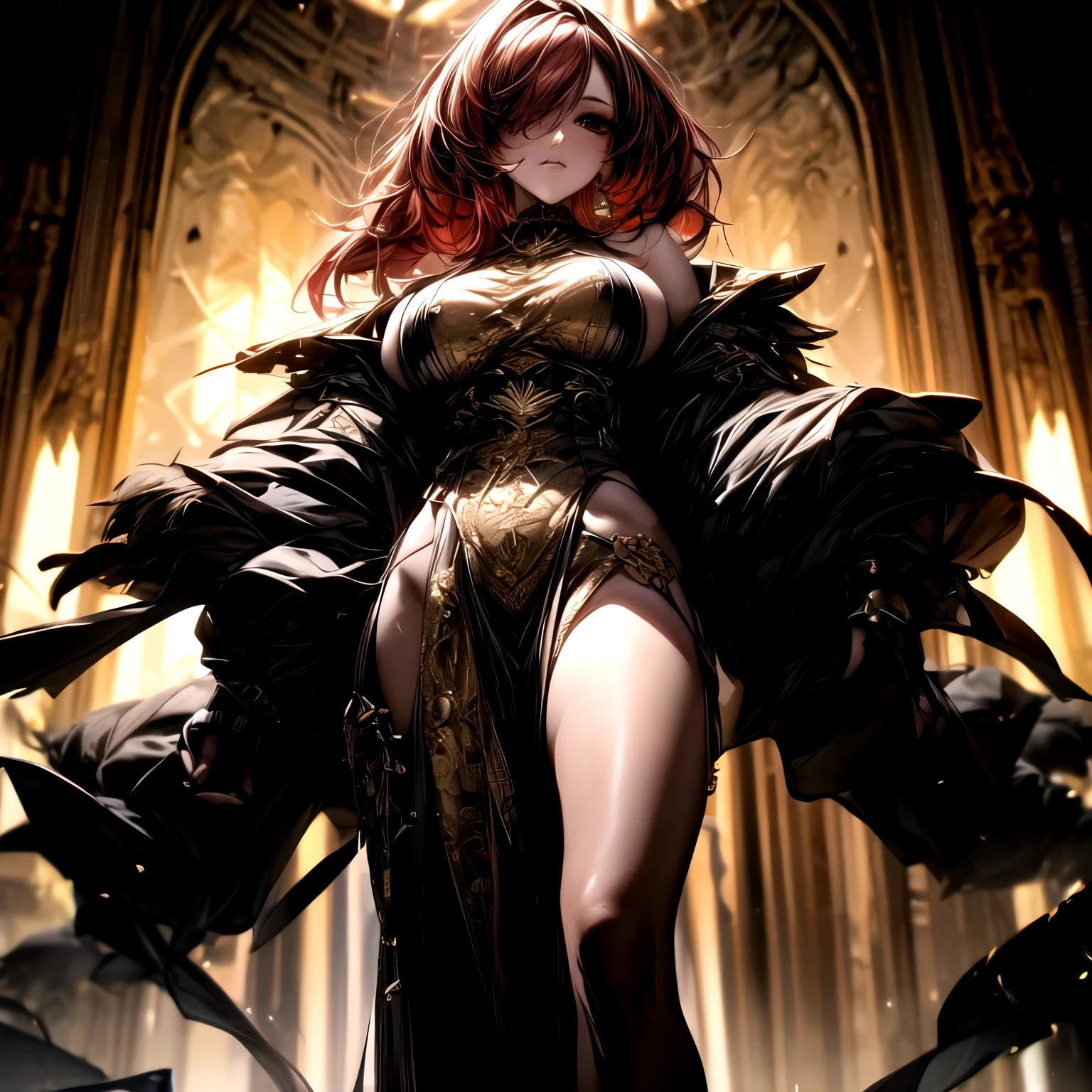 (best quality)), ((Masterpiece)), (details:1.4), 3d, HDR (high dynamic range), an image of a beautiful cyberpunk female, cyberpunk, Red hair, Curtain Bangs, Sleek style, Hips up, Beautiful Red eyes, จมูกโด่ง, ปากแดง, หน้าอกใหญ่, nvidia RTX, PBR surface, After processing, Anisotropic filtration,depth of field, Maximum clarity and clarity, multi-layered surface, Subsurface scattering, perfect proportions, 8K raw files, ultra detailed, Perfect proportions, volumetric lighting, soft lighting, Holy Paldin, Heavy Golden Armor, Golden dress, intricate Golden embroidery, glossy skin, Bed room Background, jewely, ต่างหู, นิ้วมือสมบูรณ์, mini red skirt,