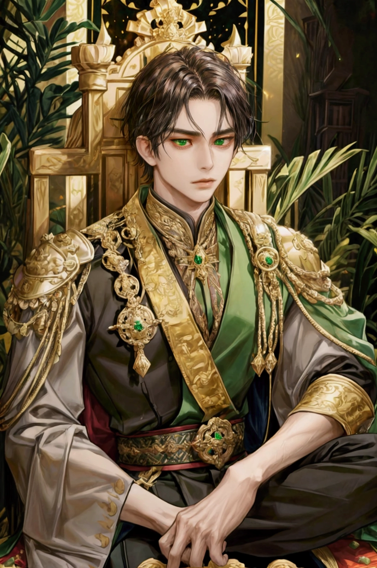 1male, javanese emperor style, masculine face, perfect light green eyes, short dark black wavy hair, brown black armor suit, sitting in his throne, gold black scepter in his left hand, perfect body, javanese royal culture castle, detailed, masterpiece.