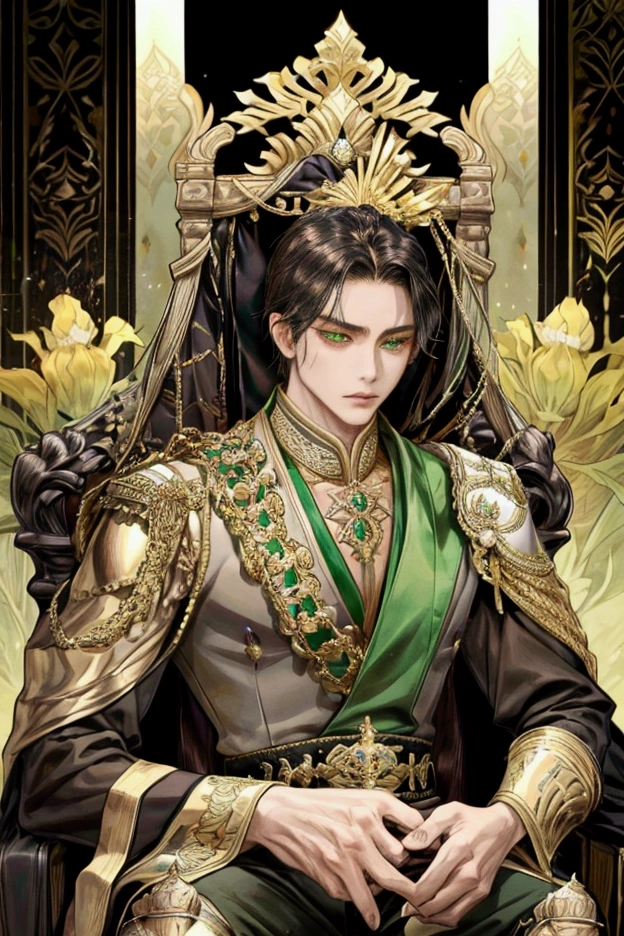 1male, javanese emperor style, masculine face, perfect light green eyes, short dark black wavy hair, brown black armor suit, sitting in his throne, gold black scepter in his left hand, perfect body, javanese royal culture castle, detailed, masterpiece.