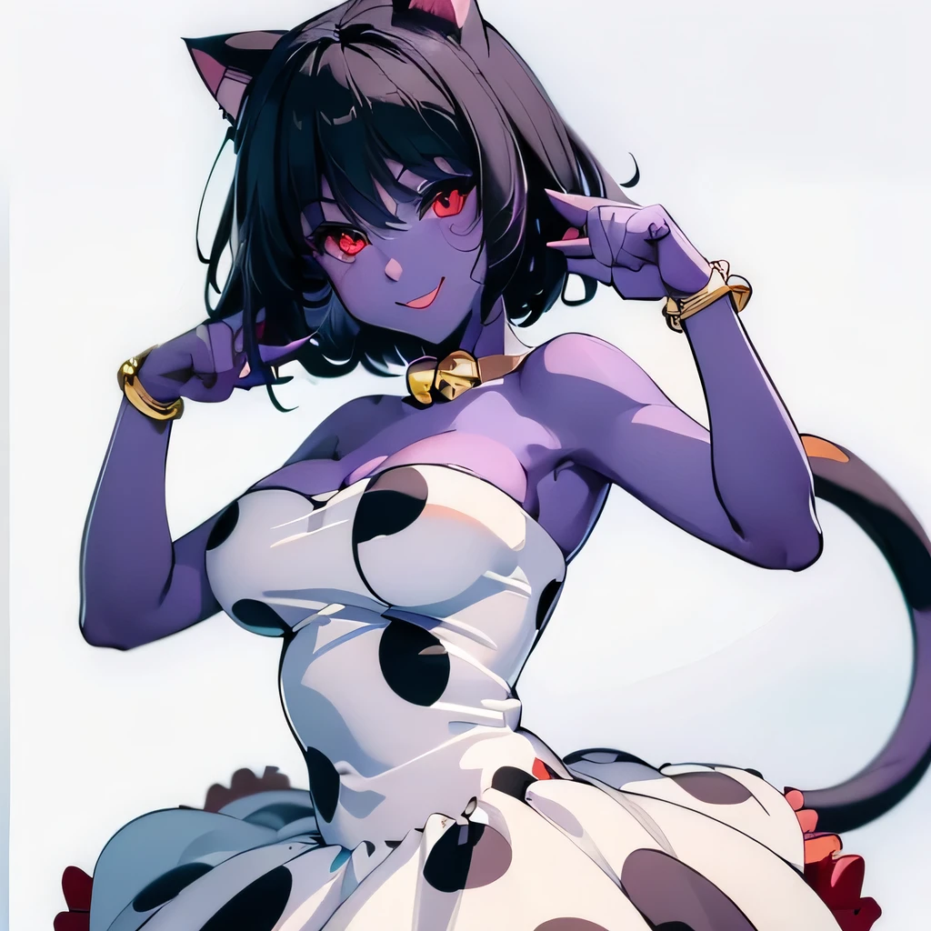  ((masterpiece,best quality,ultra-delicate,Perfect Face,16k,high resolution,very beautiful girl)), purple skin, cat ears, cat tail, 
polka dots pattern white strapless dress, polka dots pattern white tights, black short hair, red eyes,  large breasts, smile,paw pose