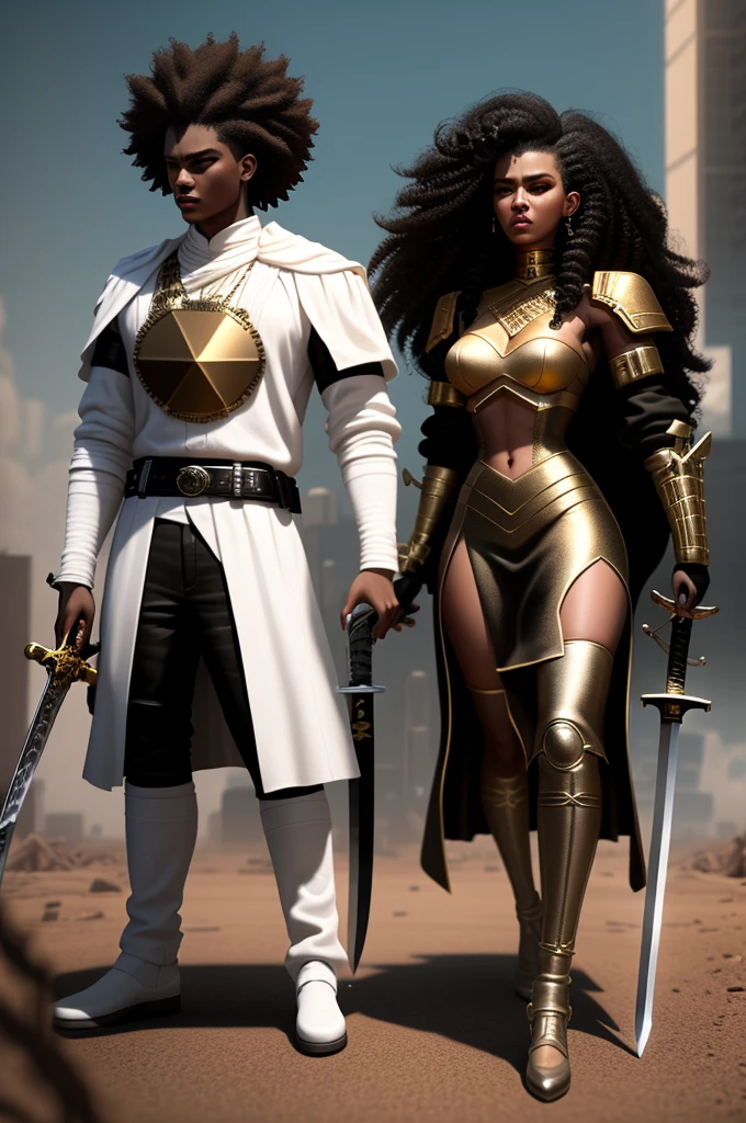 A girl full body, sword in his hand, giant sword command him, girl with curly hair and slightly rusty detailed white armor, Lights, cyberpunk, black hair, black skin, black skin, Africa year 2790. 