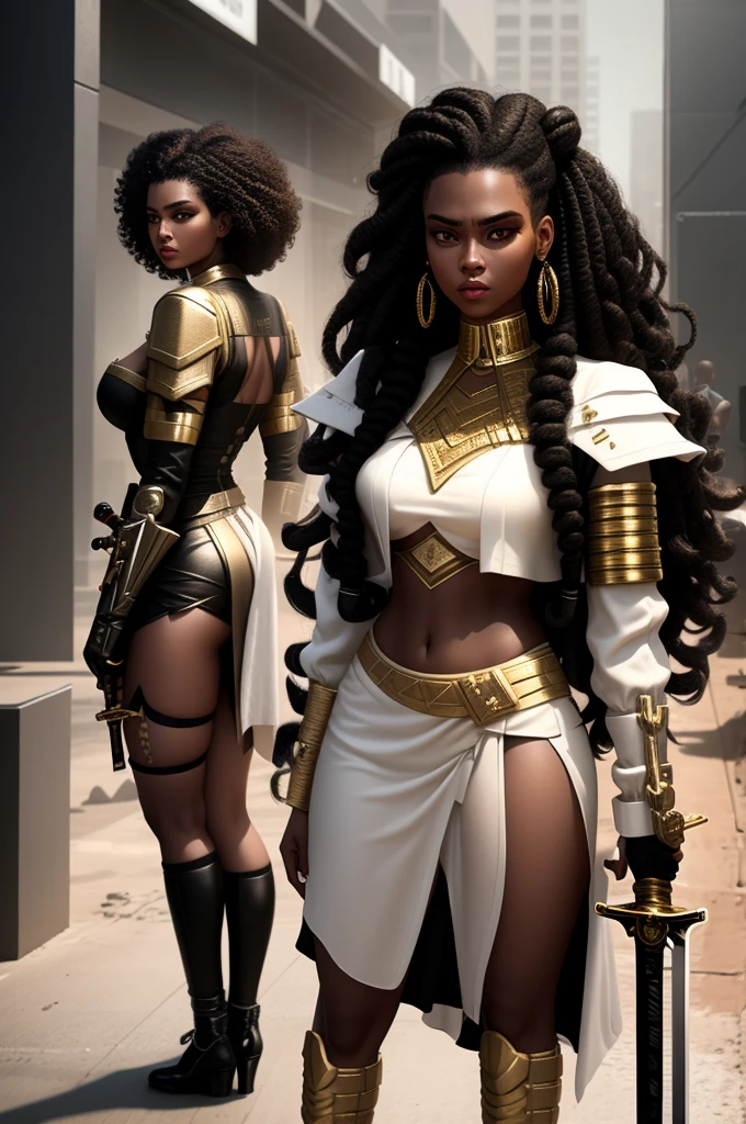 A girl full body, sword in his hand, giant sword command him, girl with curly hair and slightly rusty detailed white armor, Lights, cyberpunk, black hair, black skin, black skin, Africa year 2790. 