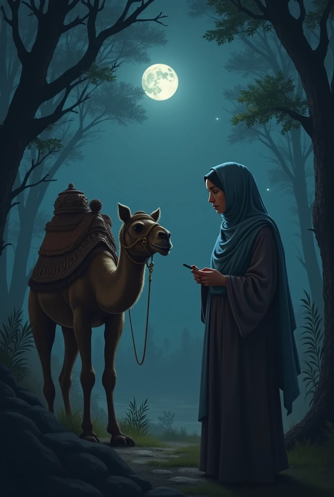 A Muslim ladies talking Hazrat Ali in forest night
Front side camel