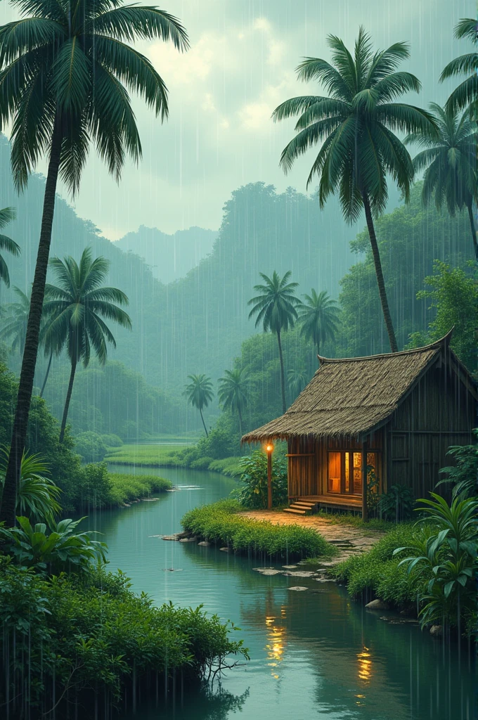 A home at a village beside of a rover and coconut trees in the rainy season raining with thunder