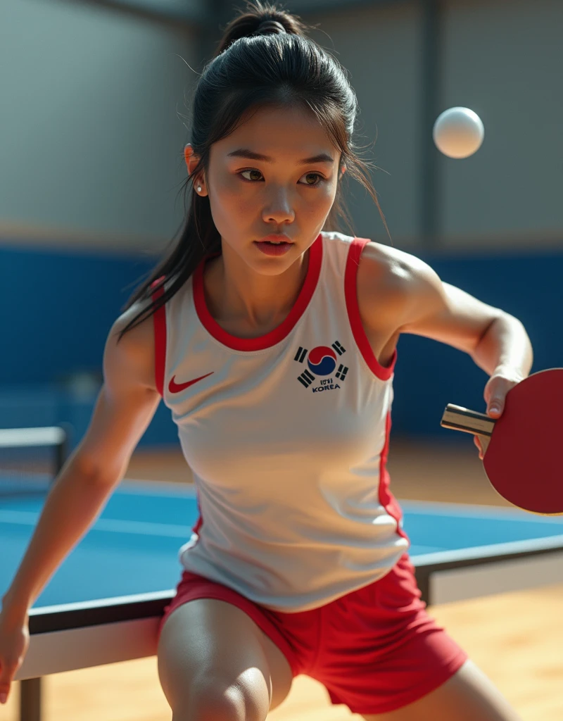 (Photorealism:1.2), beautiful woman, She is playing table tennis.. South Korea national team player.