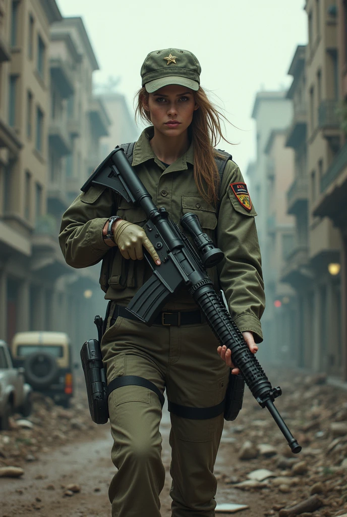 Photorealism. A woman with military uniform in a zombie apocalypse