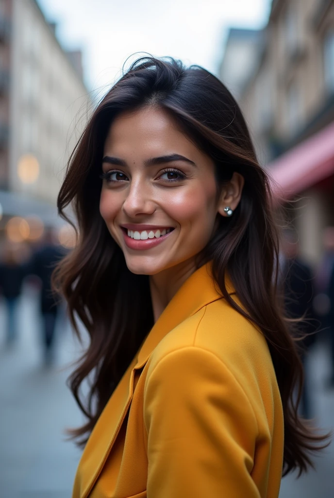 There is a young, Beautiful indian woman, who looks to the future like Katrina Kaif. Smiles into the camera, beautiful teeth. She stands there and looks into the camera, a portrait from raw photo, london city
