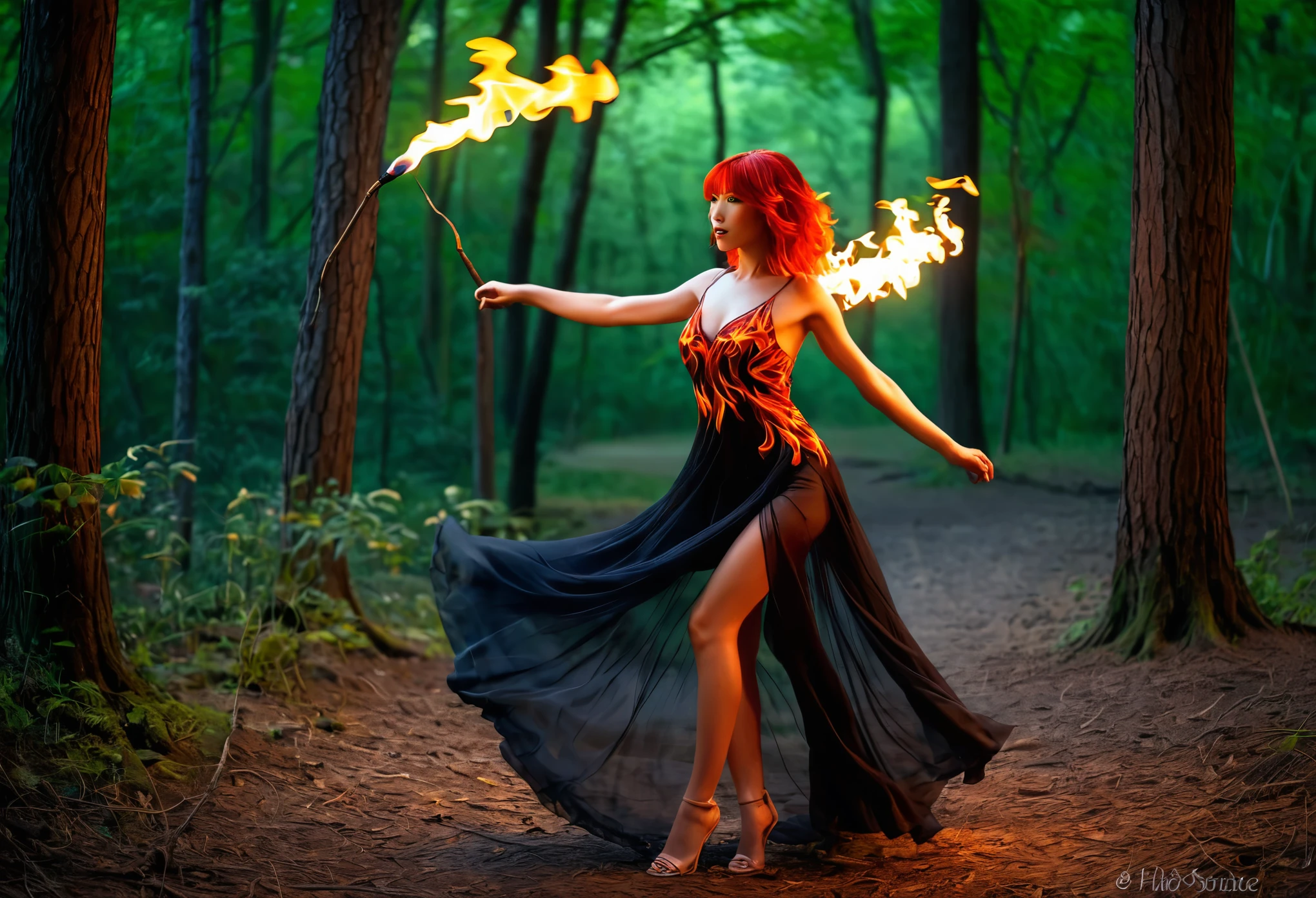 A fire sprite (cute woman, patches of flame dance on her skin, sheer flaming dress very revealing, light red skin, deep red eyes, flame hair), seductive graceful dance, setting woods aflame
