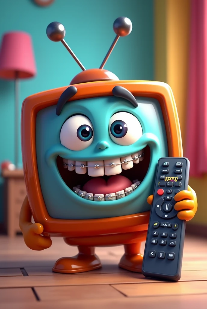 Cartoon style television smiling with braces on teeth with two arms holding a remote control with the word IPTV written on it