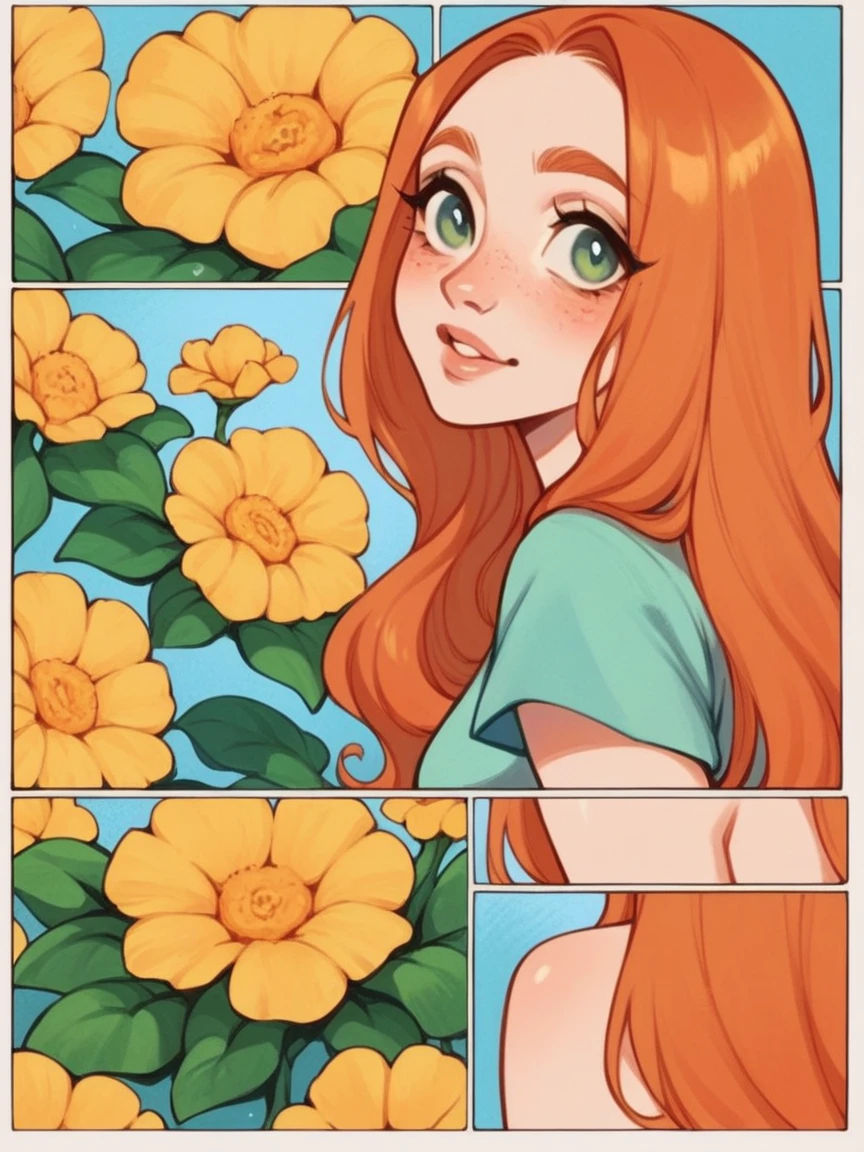 score_9, score_8_up, score_7_up, score_6_up, p4n3ls, 1girl, flowers, long hair, ginger hair, comic, soft panels, orange cat cute