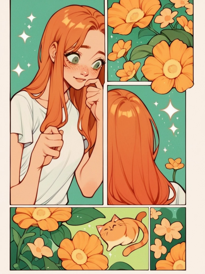 score_9, score_8_up, score_7_up, score_6_up, p4n3ls, 1girl, flowers, long hair, ginger hair, comic, soft panels, orange cat cute