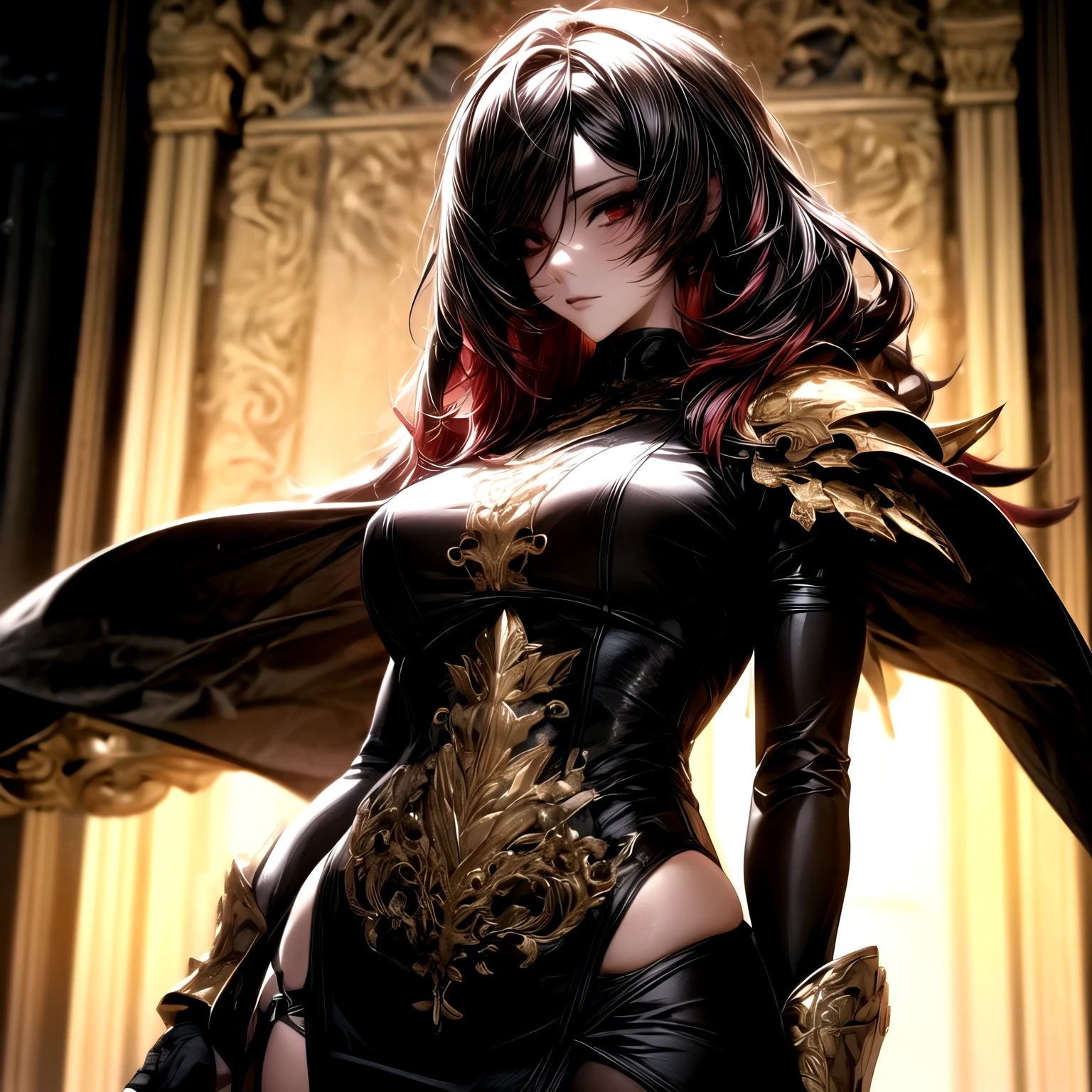 COMPLETELY BLACK BODY(#0000) **demon woman** with **RED EYES** with golden cat pupils, long silver hair, **TWO PAIRS TWO PAIRS OF HORNS**, TWO completely black and the other pair black with red lines to the base, ****with a crystal embedded in the center of the chest****, with the face and body full of a boreal trail and galaxies of multiple colors, showing the teeth in an intimidating way (sharp)