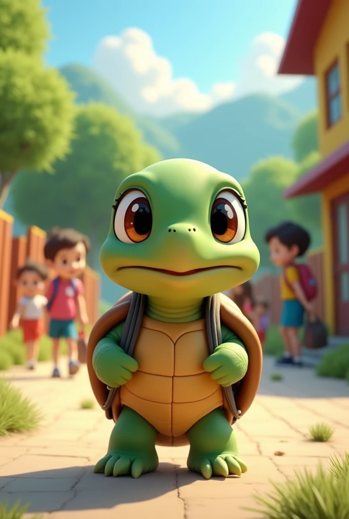 Lilli, the little turtle has started school with a school bag