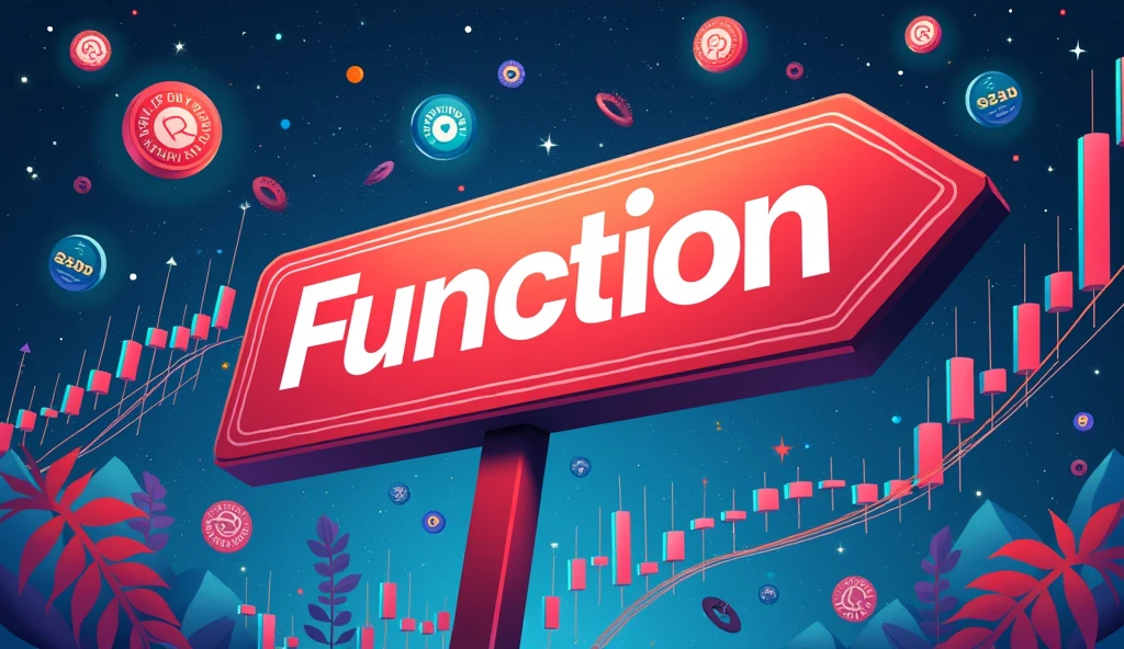 "An illustration featuring a sign with the text 'Function' in a bold, clear font at the center. Surrounding the sign are various images representing Forex trading actions, such as 'buy' and 'sell' buttons, along with graphs showing market trends, currency pairs, and candlestick patterns. The design should have a modern and dynamic feel, emphasizing the activity and movement within the Forex market, with vibrant colors to capture the energy and complexity of trading." realistic picture