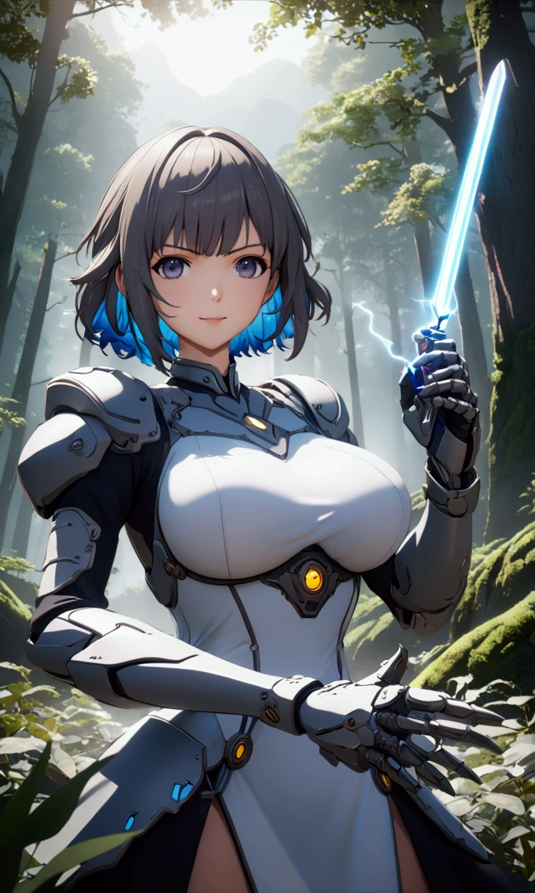 ((Highest quality、masterpiece、best quality,unreal engine,unity 8k wallpaper,anime style,animation style、High resolution、8k、detailed、ultra-detailed,upper body:1.3)),smile, adult woman,(((((Holds an energy sword in his right hand,battle dress,battle monster、The background is a forest area from another world.:1.2))))),Dynamic pose,Dynamic Angle,A dynamic scene,Big Breasts