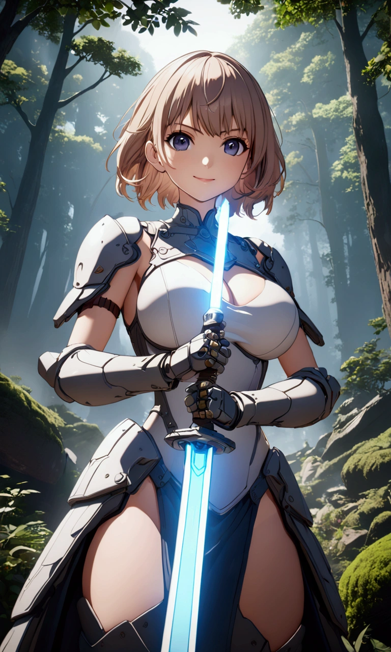 ((Highest quality、masterpiece、best quality,unreal engine,unity 8k wallpaper,anime style,animation style、High resolution、8k、detailed、ultra-detailed,upper body:1.3)),smile, adult woman,(((((Holds an energy sword in his right hand,battle dress,battle monster、The background is a forest area from another world.:1.2))))),Dynamic pose,Dynamic Angle,A dynamic scene,Big Breasts