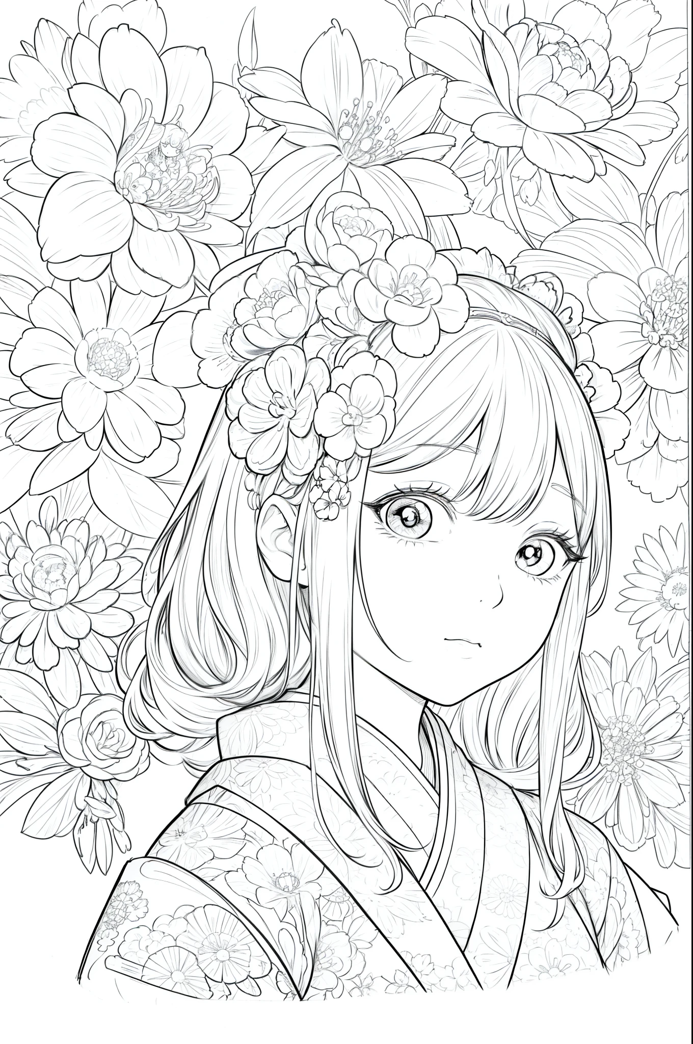 Masterpiece, top class, unique, cute, flowers, line drawing background, white background, monochrome, line drawing, ((sketch)), creepy, white eyes, create a monochrome coloring book that even adults can easily do, arrange flowers in a Japanese garden background, a realistic and cute ukiyo-e of a girl in a kimono, conveying Japanese culture.