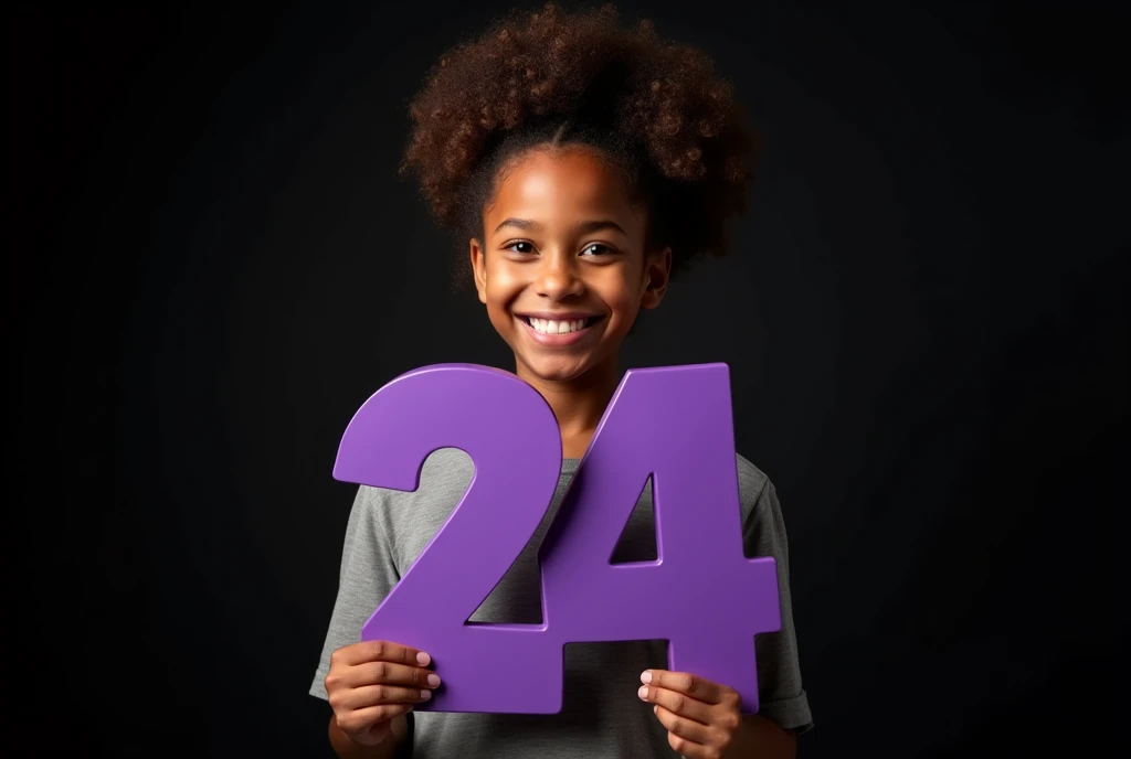 happy girl, advertising photography, holds volumetric purple numbers 24 made of matte plastic, Black background, hairstyle curly hair, Backlight, studio advertising lighting, high detail,