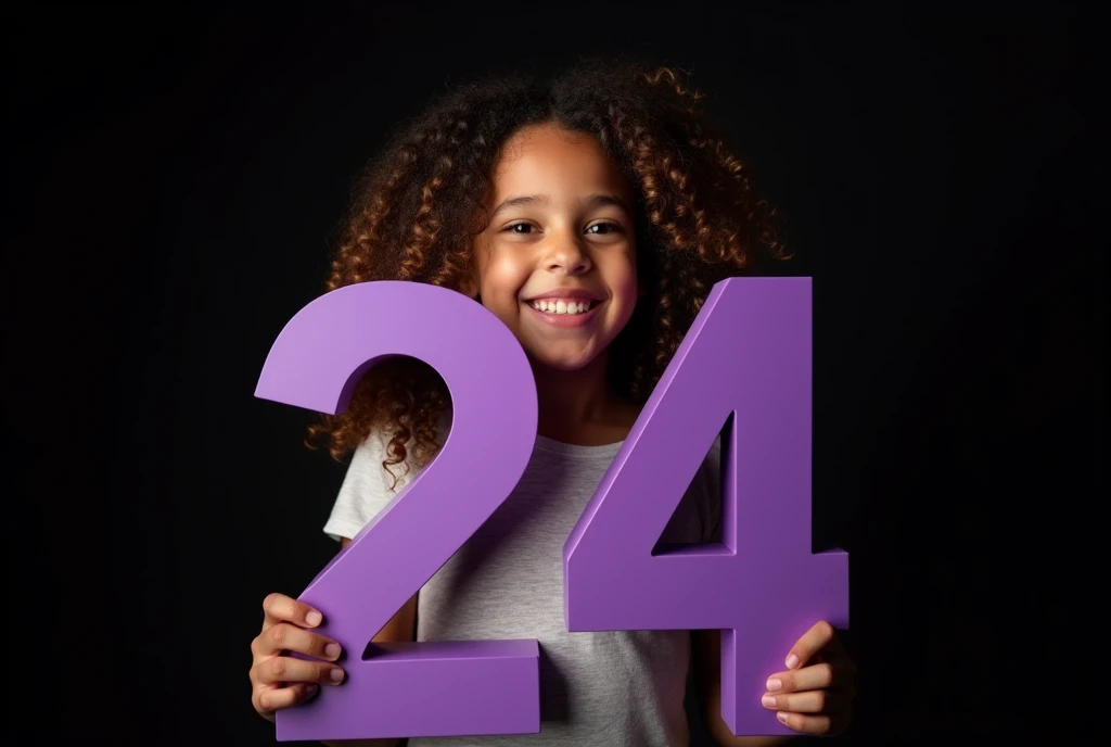 happy girl, advertising photography, holds volumetric purple numbers 24 made of matte plastic, Black background, hairstyle curly hair, Backlight, studio advertising lighting, high detail, 