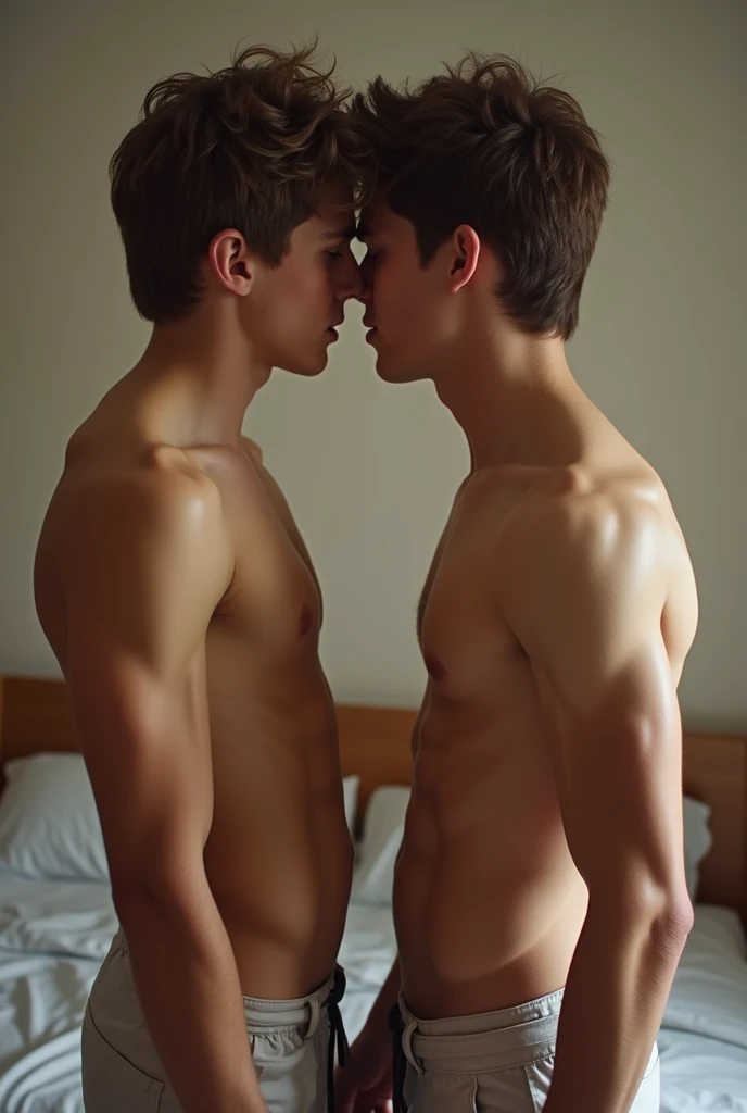 2 hot masculine muscular but skinny boys with straight fluffy hair naked rubbing their dicks together. They seem to really enjoy this while they stand tall in thr middle of their bedroom
