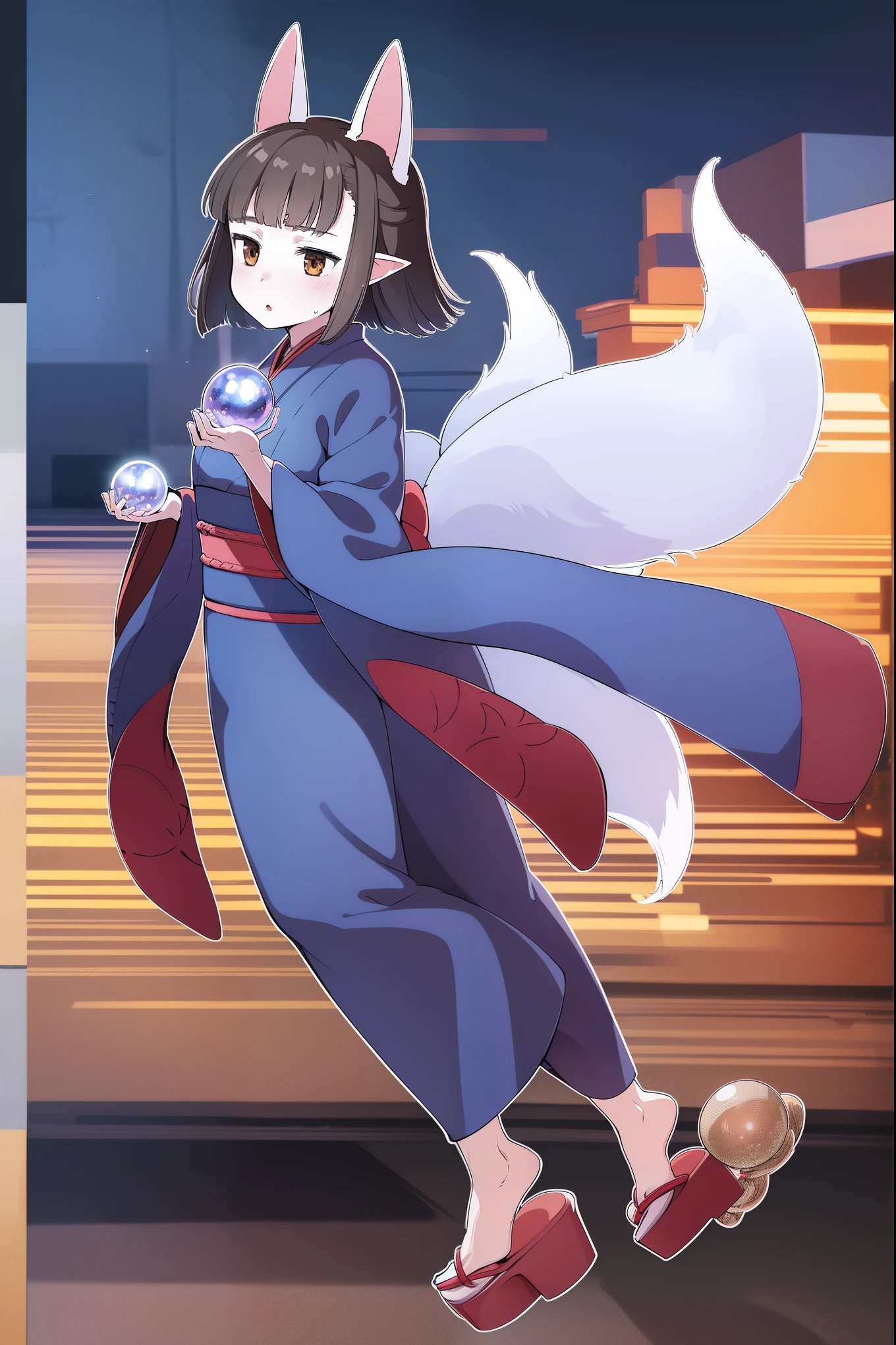 Hasaha, 1girl, young_teen, soro, brown eyes, animal ears, black hair, pointy ears, short_ hair, fox ears, bangs, blunt bangs, forest, sky, full body, 
 japanese clothes, kimono, tail,  blue kimono, fox tail, crystal ball,
 masterpiece, high quality, very_high_resolution, large_filesize, full color,night_town_landscape, cobblestone_road