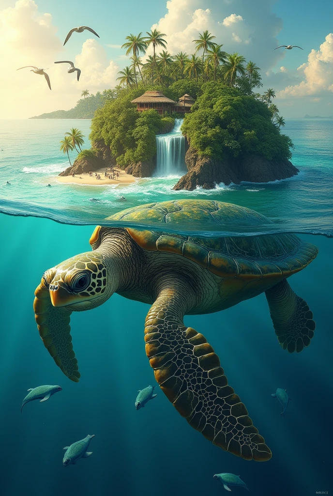 A majestic colossal turtle, its ancient shell adorned with a vibrant mosaic of algae and barnacles, emerging from the azure ocean depths. Atop this living leviathan rests an island teeming with life, a verdant tableau of lush tropical foliage that extends to the horizon. The island's landscape is diverse, with towering palm trees swaying gently in the breeze, a cascading waterfall nurturing a thriving rainforest, and a pristine beach kissed by the frothy waves. A village of thatched huts peeks out from the dense jungle, hinting at the harmonious coexistence of humans with nature. The turtle's eyes, wise and knowing, gaze steadfastly ahead as it carries its precious cargo across the vast sea. The waters around it are alive with marine life, from playful dolphins to curious sea turtles that seem to pay homage to the creature's grandeur. Above, a flock of seagulls traces the turtle's journey, their cries echoing the endless expanse of the sky. The sun casts a warm, golden glow over the scene, emphasizing the symbiotic relationship between the colossal creature and the island it supports, creating a breathtaking panorama of beauty and tranquility that speaks to the enduring resilience of the natural world.