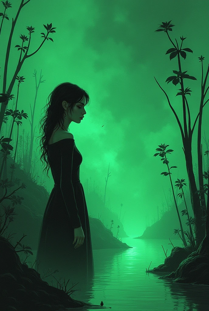 (Ultra-fine face, Look away, Gothic fantasy illustration, Ukiyo-e, Comic Art, Rich colors), 
rest 
(This is a world made of green acid. In the acid pond, There was a thick and acrid green smoke. Plants made of fiberglass absorb acid from their roots, Acid drips from their trunks, Stem, And leaves like rain.)