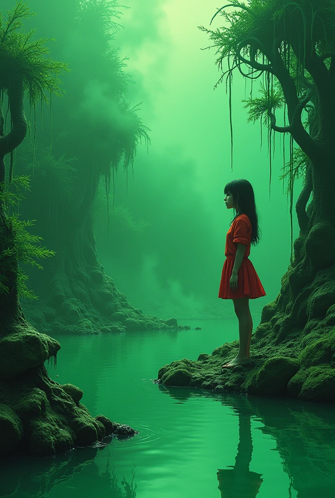 (Ultra-fine face, Look away, Gothic fantasy illustration, Ukiyo-e, Comic Art, Rich colors),
rest
(This is a world made of green acid. In the acid pond, There was a thick and acrid green smoke. Plants made of fiberglass absorb acid from their roots, Acid drips from their trunks, Stem, And leaves like rain.)