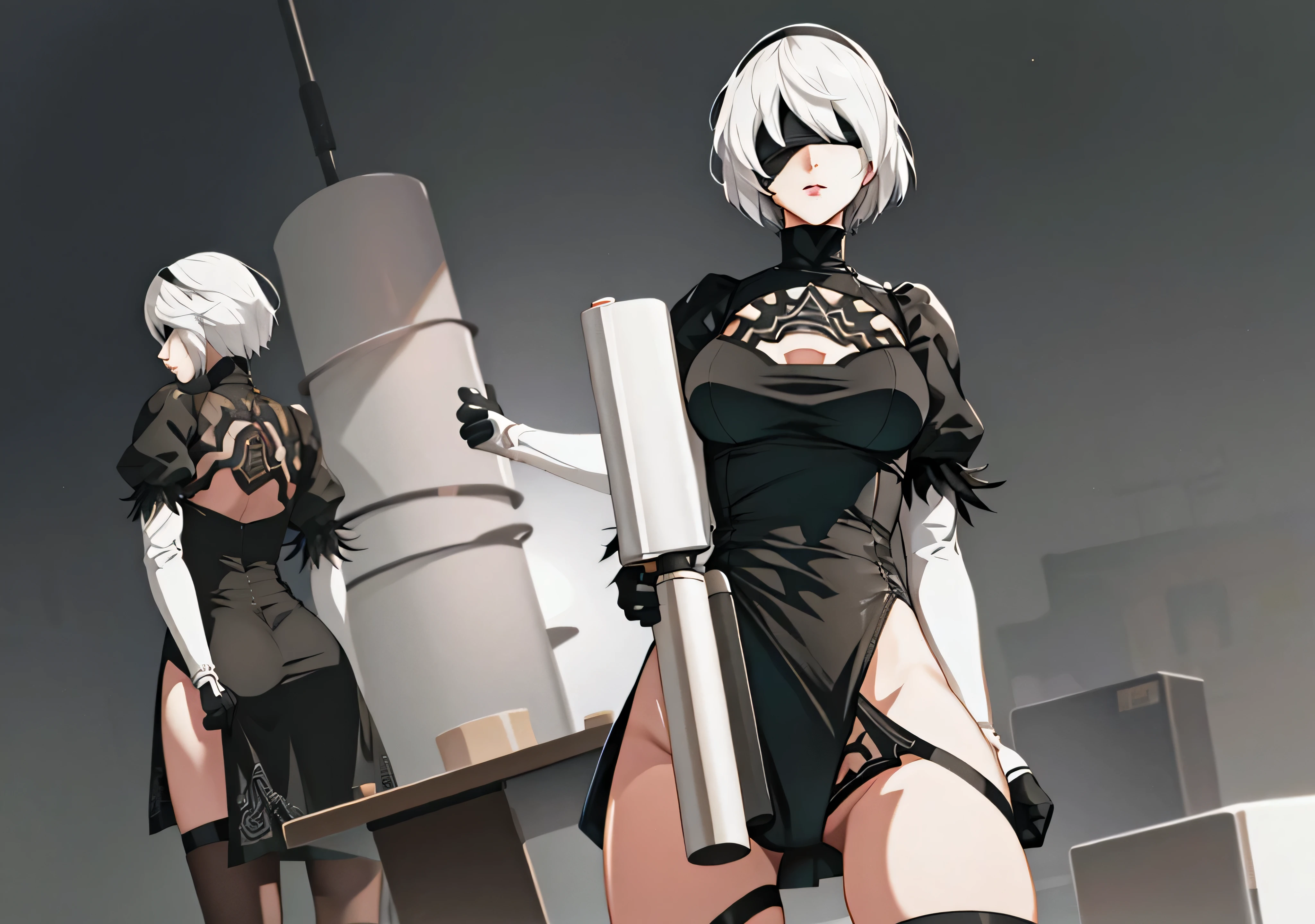 Nier automata, 2b, eyes covered, showing ass, half naked.(((Half naked))) Sci Fi night background