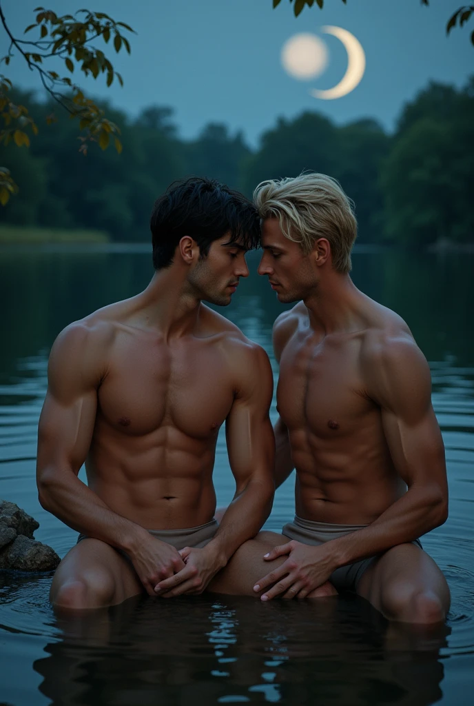 nsfw, yaoi, best quality, masterpiece, extremely detailed, close up, two handsome and athletic young men, nude, naked, no clothes, extremely handsome 2 man with middle parting dark hair, extremely handsome 20 year old korean man with short blond hair, muscular build, sitting by a lake, looking at each other lovingly, a fish jumps out of the water, crescent moon in the sky, vibrant colors, extremely romantic atmosphere, dark cinematic lighting, dramatic shadows, perfect hands, perfect fingers, perfect face