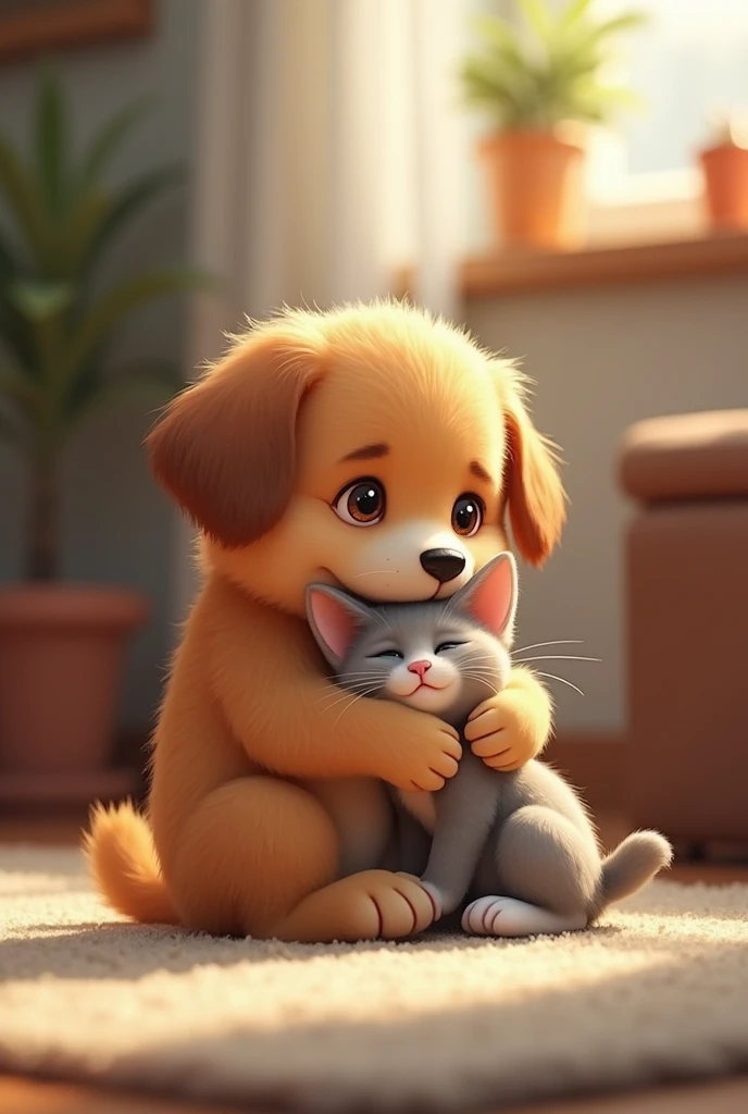 Dog hugs cat