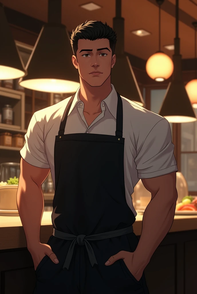 30 year old man with an athletic and well defined body, broad shoulders and a slight bulge in the lower leg area visible through the black apron, underneath the white shirt. Your face should have a strong jawline, Straight Nose, and a gentle and seductive look. The hair is black, smooth and short, and the eyes are dark and deep. realistic lighting, Dynamic angle, 真实感, best qualityer, fully body. sushi bar restaurant atmosphere, is working, is dressed in uniform