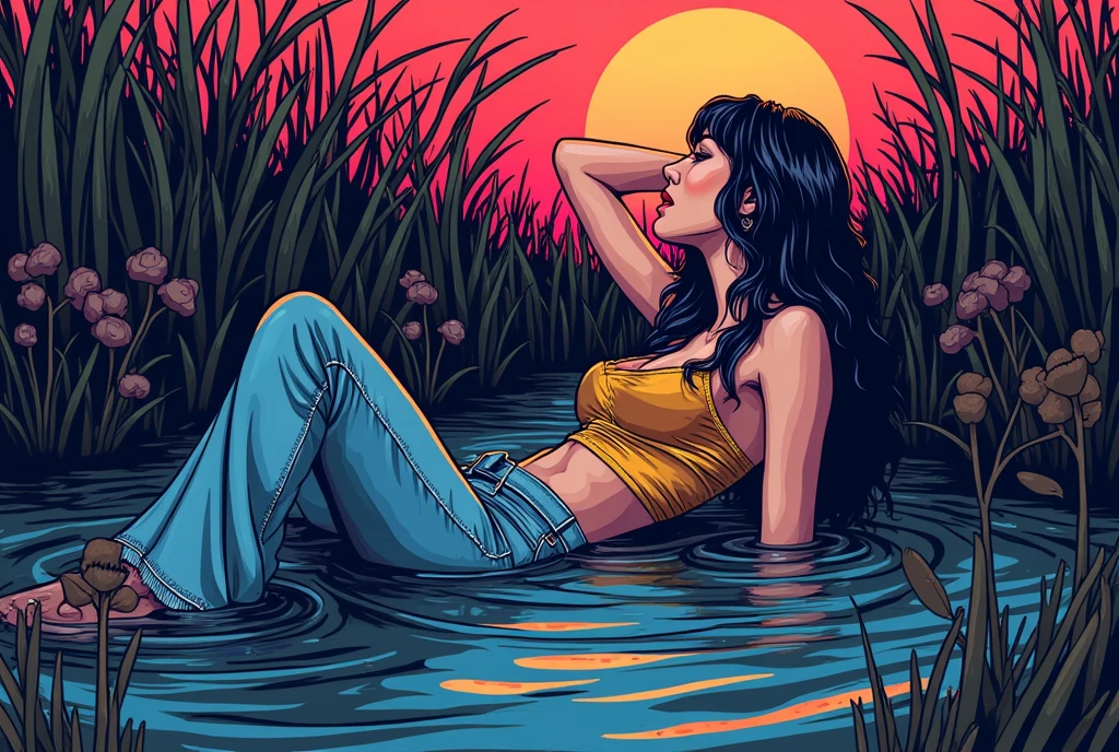 verctor, line art,70s aestetics,vintage lighting, woman,wearing soaking wet muddy flared jeans,experiences sexual tension,sinking in bog,fetishistic session,colorful retro atmosphere,ambiance,