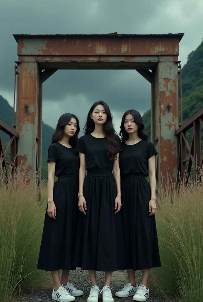 cinematic a 3 asian woman with long hair, curvy body, wearing a plain black t-shirt, a plain black 7/8 length skirt, white newbalance shoes, standing in front of an old rusty abandoned train door, with an old abandoned station, tall grass, and dark clouds in the background