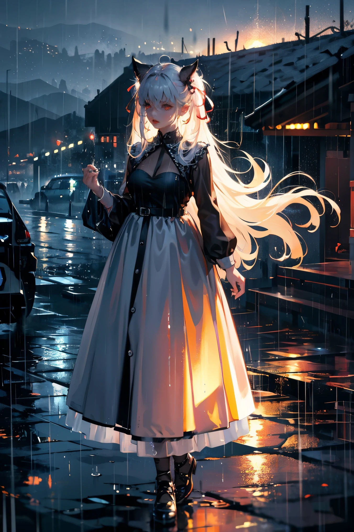 uhd, textured skin, good quality, High details, masterpiece, best quality, high detail face, (Amazingly absurd:1.2), (masterpiece:1.2), fluffy, 1 Girl, Dragon ears, Dress with ruffles, glowing eyes, shining hair , Whole body love, very long hair, hair ribbon, black kneesocks, full body, Kawaiitech, soft colours, Kawaii, Beautiful colors, (Rain:1.5), (Wet:1), (Night:2), (Landscape:2)