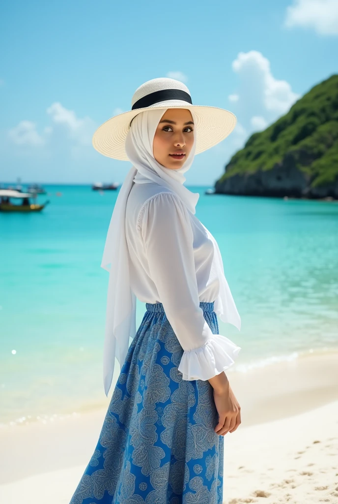 Top Quality, Masterpiece, High Resolution, 8k, Instagram photo, reailistic photo, a young woman standing on a sandy beach with the ocean in the background. She is wearing a white hijab and a white blouse with a blue patterned skirt. She has a white hat with a wide brim and a black ribbon tied around it. The woman is smiling and looking at the camera. On the right side of the image, there is a hill covered in greenery and a few boats can be seen in the distance. The sky is blue and the water is a beautiful turquoise color.