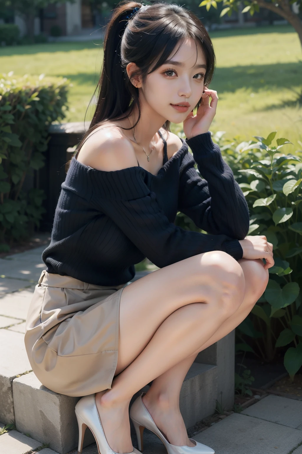 A digital illustration in anime style of a girl posing in a garden field. She has long black hair styled in a ponytail and blue eyes. She is wearing an off-shoulder white sweater and a black satin pencil skirt, black high heels, and a delicate necklace. The image should be ultra-realistic and high resolution (8K), with a clear and sharp depiction. The girl is smiling, with beautifully structured features and stunning legs, looking directly at the viewer. The content should be highly detailed, with an exquisite and sublimely beautiful presentation. The background should include a garden, adding to the overall masterpiece quality of the illustration.
